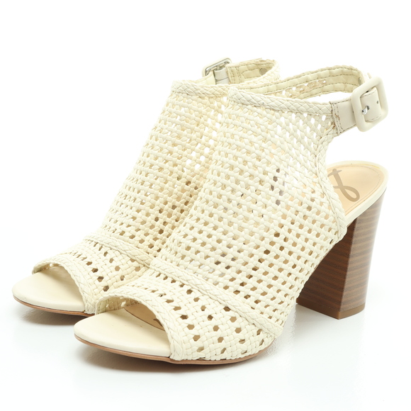 Sam Edelman Evie Basket Weave Heeled Leather Sandals Women 7 Off White/Brown - Picture 6 of 16